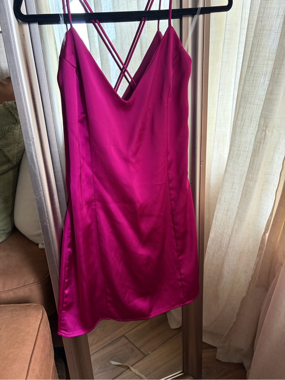 Blue Blush Magenta Satin Mini Dress Lace-Up Back Spaghetti Straps M